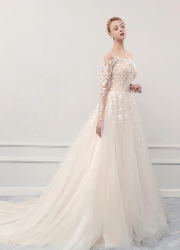 Illusion Champagne See-through Outdoor / Garden Wedding Dresses 2019 A-Line / Princess Scoop Neck Long Sleeve Pierced Appliques Lace Court Train Ruffle