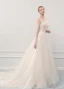 Illusion Champagne See-through Outdoor / Garden Wedding Dresses 2019 A-Line / Princess Scoop Neck Long Sleeve Pierced Appliques Lace Court Train Ruffle