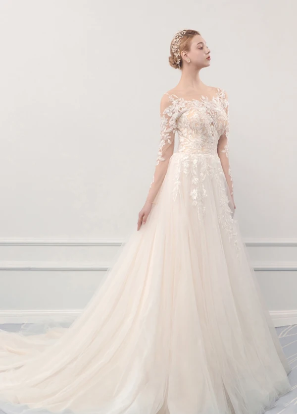 Illusion Champagne See-through Outdoor / Garden Wedding Dresses 2019 A-Line / Princess Scoop Neck Long Sleeve Pierced Appliques Lace Court Train Ruffle