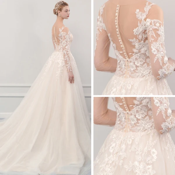 Illusion Champagne See-through Outdoor / Garden Wedding Dresses 2019 A-Line / Princess Scoop Neck Long Sleeve Pierced Appliques Lace Court Train Ruffle