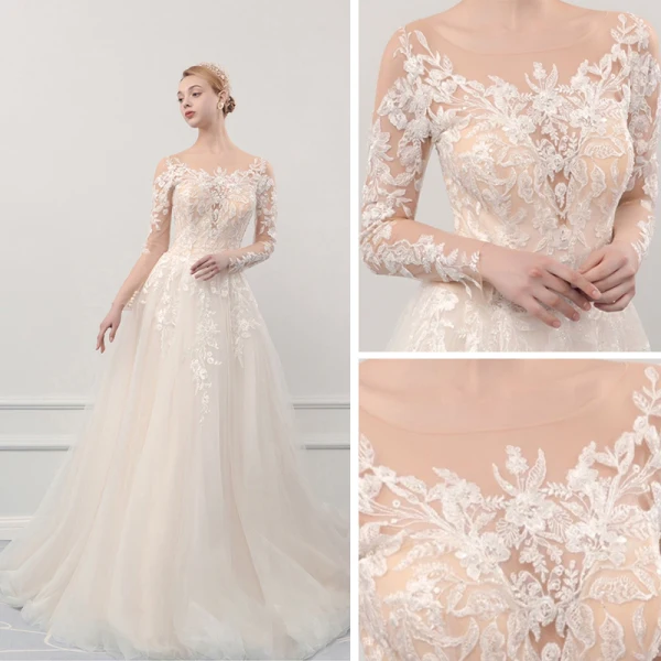Illusion Champagne See-through Outdoor / Garden Wedding Dresses 2019 A-Line / Princess Scoop Neck Long Sleeve Pierced Appliques Lace Court Train Ruffle
