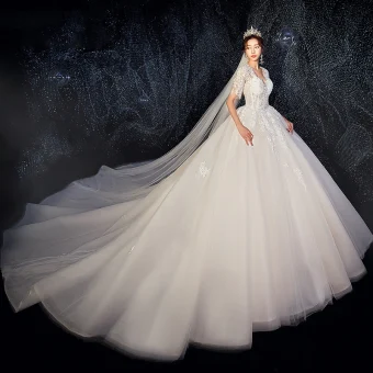 Romantic Champagne Wedding Dresses 2019 Ball Gown Deep V Neck Short Sleeve Backless Pierced Appliques Lace Beading Cathedral Train Ruffle