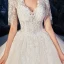 Romantic Champagne Wedding Dresses 2019 Ball Gown Deep V-Neck Short Sleeve Backless Pierced Appliques Lace Beading Cathedral Train Ruffle