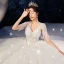 Romantic Champagne Wedding Dresses 2019 Ball Gown Deep V-Neck Short Sleeve Backless Pierced Appliques Lace Beading Cathedral Train Ruffle