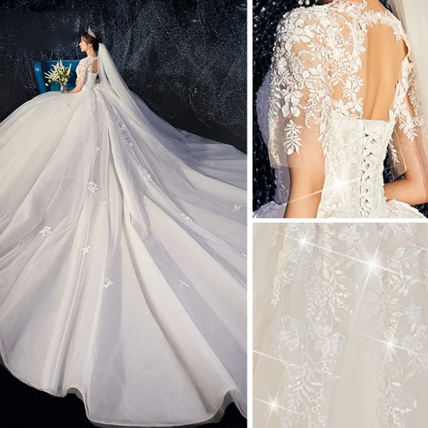 Romantic Champagne Wedding Dresses 2019 Ball Gown Deep V-Neck Short Sleeve Backless Pierced Appliques Lace Beading Cathedral Train Ruffle