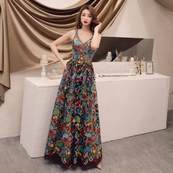 Colored Champagne Floral Prom Dresses 2019 A Line Princess Shoulders Sleeveless Appliques Lace Floor Length Long Ruffle Backless Formal Dresses