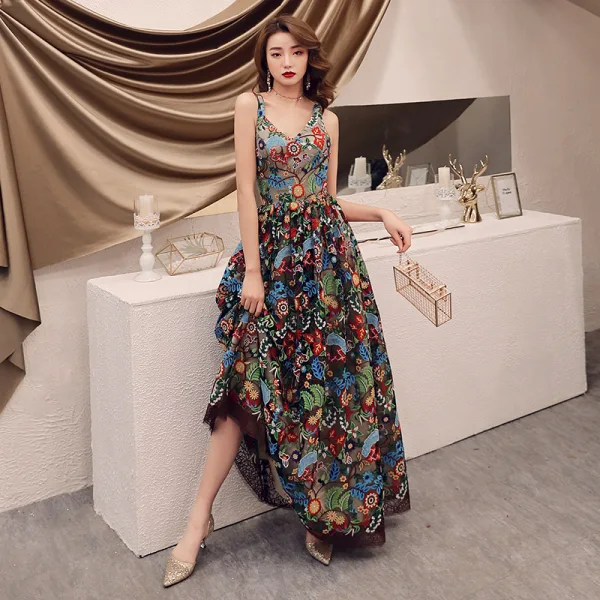 Colored Champagne Floral Prom Dresses 2019 A-Line / Princess Shoulders Sleeveless Appliques Lace Floor-Length / Long Ruffle Backless Formal Dresses