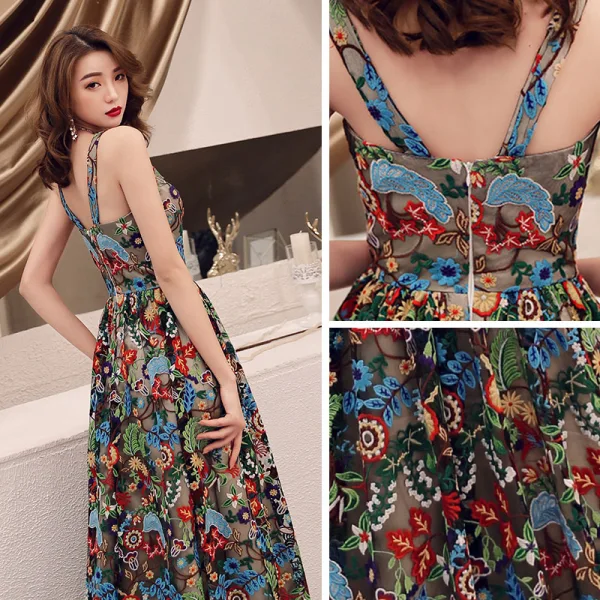 Colored Champagne Floral Prom Dresses 2019 A-Line / Princess Shoulders Sleeveless Appliques Lace Floor-Length / Long Ruffle Backless Formal Dresses
