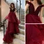 Élégant Bordeaux Robe De Soirée 2019 Princesse V-Cou Manches Courtes Perlage Train De Balayage Volants en Cascade Dos Nu Robe De Ceremonie