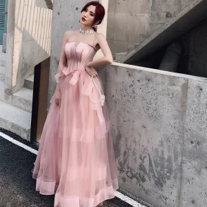 Elegante Parel Roze Avondjurken 2019 A Lijn Spaghettibandjes Mouwloos Strik Lange Ruche Ruglooze Gelegenheid Jurken