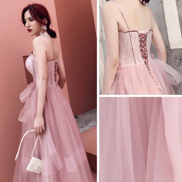 Élégant Perle Rose Robe De Soirée 2019 Princesse Bretelles Spaghetti Sans Manches Noeud Longue Volants Dos Nu Robe De Ceremonie