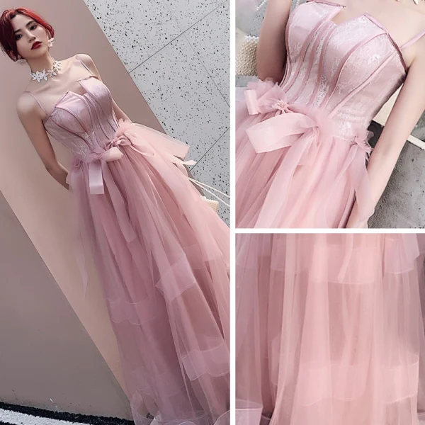 Élégant Perle Rose Robe De Soirée 2019 Princesse Bretelles Spaghetti Sans Manches Noeud Longue Volants Dos Nu Robe De Ceremonie