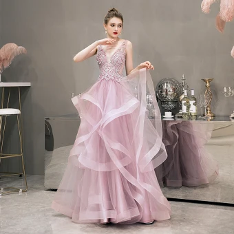 Illusion Blushing Pink Evening Dresses 2019 A Line Princess Deep V Neck Sleeveless Pearl Rhinestone Beading Floor Length Long Cascading Ruffles Backless Formal Dresses