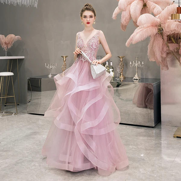 Illusion Rosa Abendkleider 2019 A Linie Tiefer V-Ausschnitt Ärmellos Perle Strass Perlenstickerei Lange Fallende Rüsche Rückenfreies Festliche Kleider