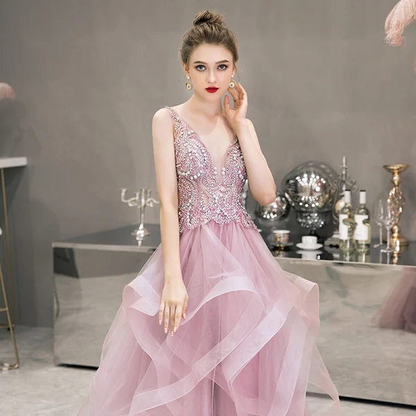 Illusion Rosa Abendkleider 2019 A Linie Tiefer V-Ausschnitt Ärmellos Perle Strass Perlenstickerei Lange Fallende Rüsche Rückenfreies Festliche Kleider