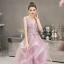 Illusion Rosa Abendkleider 2019 A Linie Tiefer V-Ausschnitt Ärmellos Perle Strass Perlenstickerei Lange Fallende Rüsche Rückenfreies Festliche Kleider