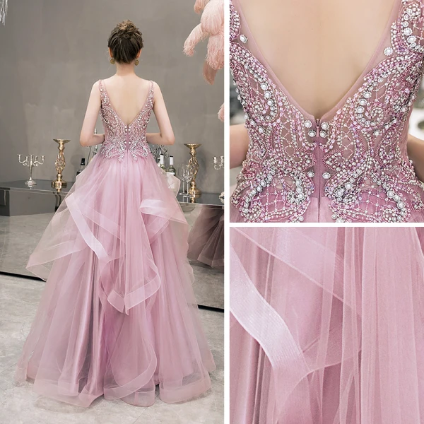 Illusion Rosa Abendkleider 2019 A Linie Tiefer V-Ausschnitt Ärmellos Perle Strass Perlenstickerei Lange Fallende Rüsche Rückenfreies Festliche Kleider