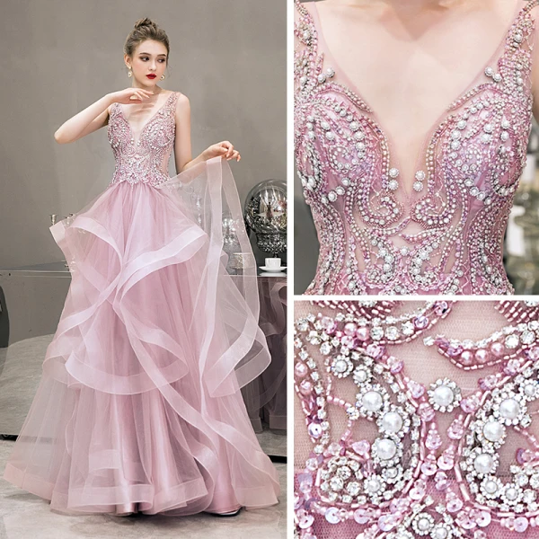 Illusion Rosa Abendkleider 2019 A Linie Tiefer V-Ausschnitt Ärmellos Perle Strass Perlenstickerei Lange Fallende Rüsche Rückenfreies Festliche Kleider