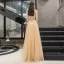 Illusion Gold Durchsichtige Abendkleider 2019 A Linie Rundhalsausschnitt Kurze Ärmel Strass Perlenstickerei Sweep / Pinsel Zug Rüschen Festliche Kleider