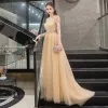 Illusion Gold See-through Evening Dresses  2019 A-Line / Princess Scoop Neck Short Sleeve Rhinestone Beading Sweep Train Ruffle Formal Dresses