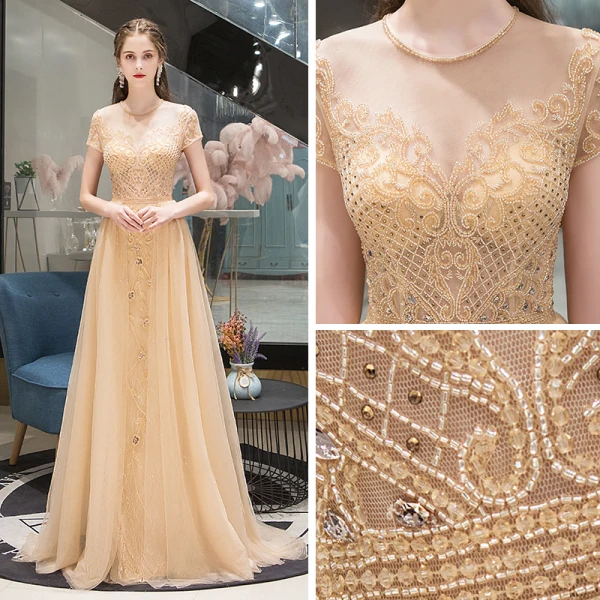Illusion Gold Durchsichtige Abendkleider 2019 A Linie Rundhalsausschnitt Kurze Ärmel Strass Perlenstickerei Sweep / Pinsel Zug Rüschen Festliche Kleider