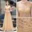 Illusion Gold Durchsichtige Abendkleider 2019 A Linie Rundhalsausschnitt Kurze Ärmel Strass Perlenstickerei Sweep / Pinsel Zug Rüschen Festliche Kleider