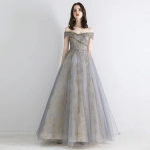 Élégant Gris Doré Robe De Soirée 2019 Princesse De L 039 Épaule Manches Courtes Paillettes Perlage Glitter Tulle Longue Volants Dos Nu Robe De Ceremonie