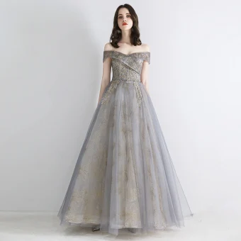 Élégant Gris Doré Robe De Soirée 2019 Princesse De L 039 Épaule Manches Courtes Paillettes Perlage Glitter Tulle Longue Volants Dos Nu Robe De Ceremonie