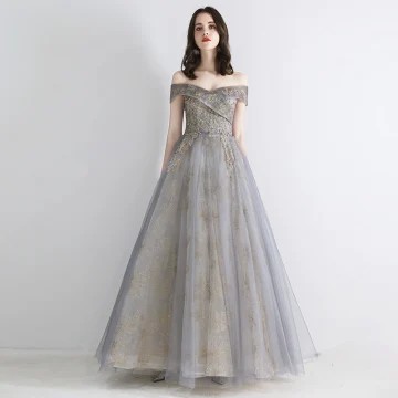 Élégant Gris Doré Robe De Soirée 2019 Princesse De L 039 Épaule Manches Courtes Paillettes Perlage Glitter Tulle Longue Volants Dos Nu Robe De Ceremonie