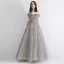 Elegant Grey Gold Evening Dresses  2019 A-Line / Princess Off-The-Shoulder Short Sleeve Sequins Beading Glitter Tulle Floor-Length / Long Ruffle Backless Formal Dresses