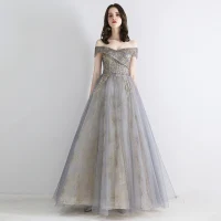 Elegante Grau Gold Abendkleider 2019 A Linie Off Shoulder Kurze Ärmel Pailletten Perlenstickerei Glanz Tülle Lange Rüschen Rückenfreies Festliche Kleider