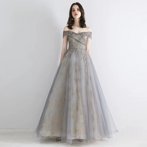 Elegante Grau Gold Abendkleider 2019 A Linie Off Shoulder Kurze Ärmel Pailletten Perlenstickerei Glanz Tülle Lange Rüschen Rückenfreies Festliche Kleider