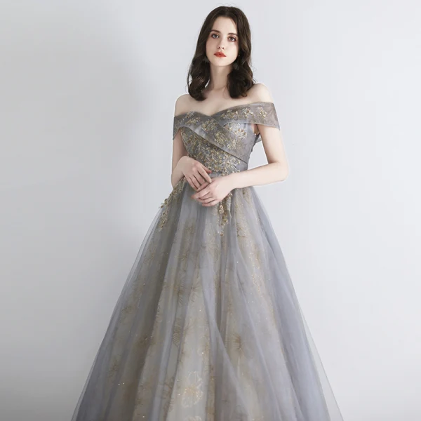 Elegant Grey Gold Evening Dresses 2019 A-Line / Princess Off-The-Shoulder Short Sleeve Sequins Beading Glitter Tulle Floor-Length / Long Ruffle Backless Formal Dresses