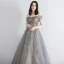 Elegant Grey Gold Evening Dresses  2019 A-Line / Princess Off-The-Shoulder Short Sleeve Sequins Beading Glitter Tulle Floor-Length / Long Ruffle Backless Formal Dresses