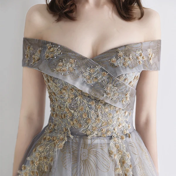 Elegant Grey Gold Evening Dresses 2019 A-Line / Princess Off-The-Shoulder Short Sleeve Sequins Beading Glitter Tulle Floor-Length / Long Ruffle Backless Formal Dresses