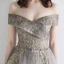Elegant Grey Gold Evening Dresses  2019 A-Line / Princess Off-The-Shoulder Short Sleeve Sequins Beading Glitter Tulle Floor-Length / Long Ruffle Backless Formal Dresses