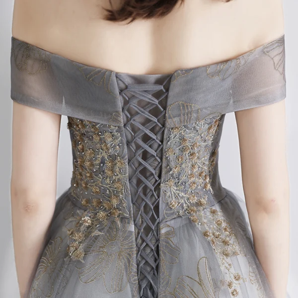 Elegant Grey Gold Evening Dresses 2019 A-Line / Princess Off-The-Shoulder Short Sleeve Sequins Beading Glitter Tulle Floor-Length / Long Ruffle Backless Formal Dresses