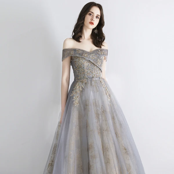 Elegant Grey Gold Evening Dresses 2019 A-Line / Princess Off-The-Shoulder Short Sleeve Sequins Beading Glitter Tulle Floor-Length / Long Ruffle Backless Formal Dresses