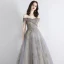 Elegant Grey Gold Evening Dresses  2019 A-Line / Princess Off-The-Shoulder Short Sleeve Sequins Beading Glitter Tulle Floor-Length / Long Ruffle Backless Formal Dresses
