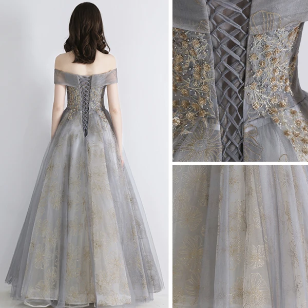 Elegant Grey Gold Evening Dresses 2019 A-Line / Princess Off-The-Shoulder Short Sleeve Sequins Beading Glitter Tulle Floor-Length / Long Ruffle Backless Formal Dresses