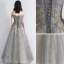 Elegant Grey Gold Evening Dresses  2019 A-Line / Princess Off-The-Shoulder Short Sleeve Sequins Beading Glitter Tulle Floor-Length / Long Ruffle Backless Formal Dresses