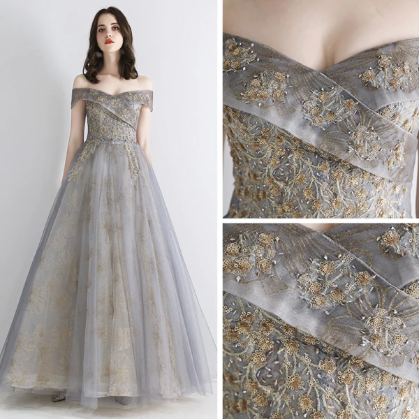 Elegant Grey Gold Evening Dresses 2019 A-Line / Princess Off-The-Shoulder Short Sleeve Sequins Beading Glitter Tulle Floor-Length / Long Ruffle Backless Formal Dresses