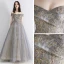 Elegant Grey Gold Evening Dresses  2019 A-Line / Princess Off-The-Shoulder Short Sleeve Sequins Beading Glitter Tulle Floor-Length / Long Ruffle Backless Formal Dresses