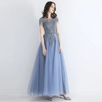 Chic Belle Bleu Ciel Transparentes Robe De Soirée 2019 Princesse Encolure Carrée Manches Courtes Perlage Gland Longue Volants Dos Nu Robe De Ceremonie