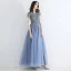 Chic / Belle Bleu Ciel Transparentes Robe De Soirée 2019 Princesse Encolure Carrée Manches Courtes Perlage Gland Longue Volants Dos Nu Robe De Ceremonie