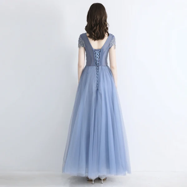 Chic / Belle Bleu Ciel Transparentes Robe De Soirée 2019 Princesse Encolure Carrée Manches Courtes Perlage Gland Longue Volants Dos Nu Robe De Ceremonie