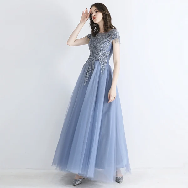 Chic / Belle Bleu Ciel Transparentes Robe De Soirée 2019 Princesse Encolure Carrée Manches Courtes Perlage Gland Longue Volants Dos Nu Robe De Ceremonie