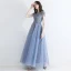 Chic / Belle Bleu Ciel Transparentes Robe De Soirée 2019 Princesse Encolure Carrée Manches Courtes Perlage Gland Longue Volants Dos Nu Robe De Ceremonie