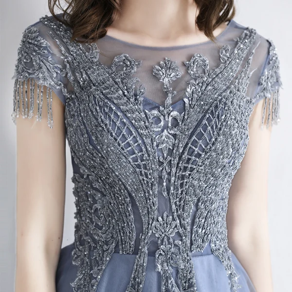 Chic / Belle Bleu Ciel Transparentes Robe De Soirée 2019 Princesse Encolure Carrée Manches Courtes Perlage Gland Longue Volants Dos Nu Robe De Ceremonie