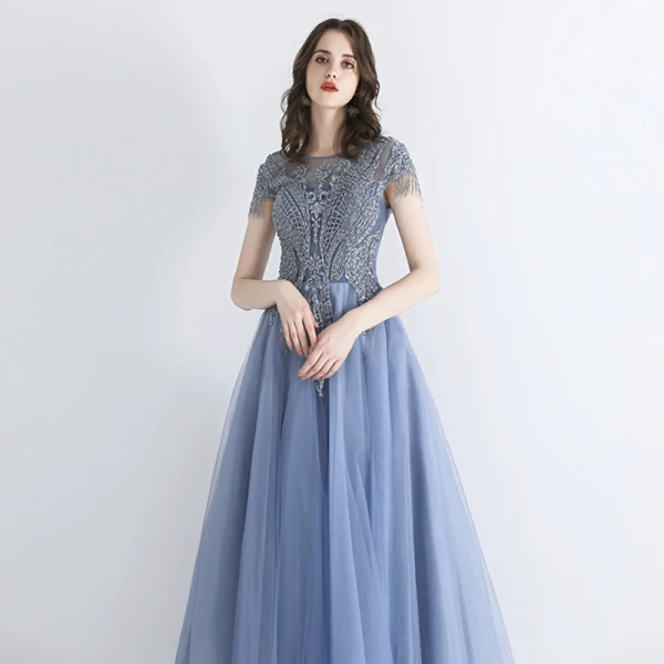 Chic / Belle Bleu Ciel Transparentes Robe De Soirée 2019 Princesse Encolure Carrée Manches Courtes Perlage Gland Longue Volants Dos Nu Robe De Ceremonie